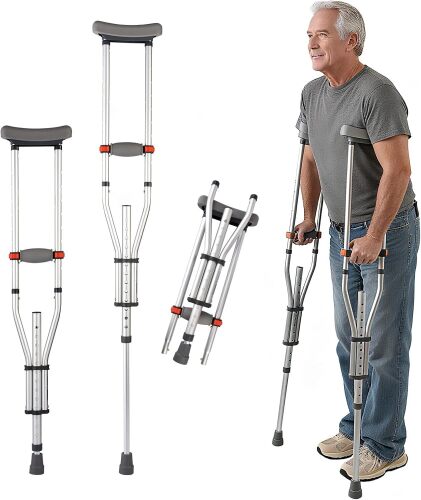 Aluminum Underarm Crutches for Adults & Seniors, Adjustable Height 38.2-61.8 in (16 Levels), Lightweight 2.0 lb Each, 300 lb per Pair, Non-Slip Tips, Tool-Free Setup, Push-Pin Locking - Lot 3315