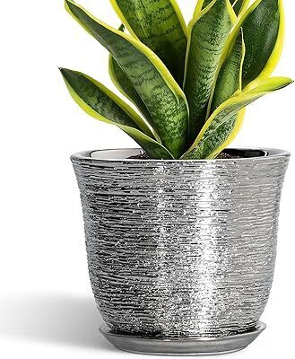 Ceramic Pots for Plants - 8 Inch Plant Pot with Drainage Hole and Saucer, Round Planters for Indoor Outdoor, Modern Planter, Decorative Flower Pots, Home Decor, House Warming Gifts, Silver - Lot 3345