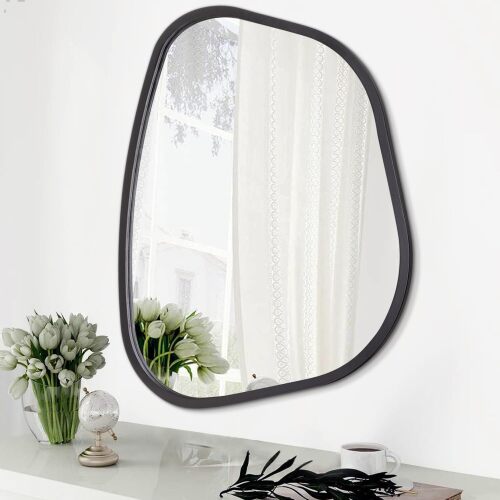 Black Asymmetrical Mirror Irregular Oval Wall Mirror Modern Wood Frame Unique Shape Wall Mounted Vanity Artistic Mirror Decorative for Living Room Bedroom Bathroom Entryway Hallway - Lot 3355