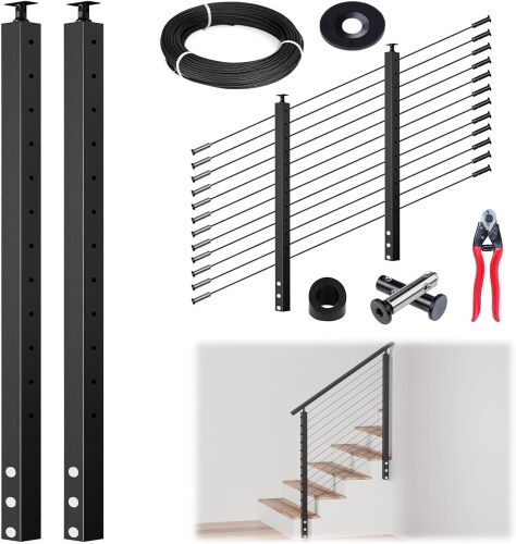 Muzata 5-10FT Modular Black Side Mount Cable Railing Kit 42 Inch 2 Stair Post Kit Complete Set Cable Railing System for Stairs Length Adjustable with Paper User Guide (No Handrail) - Lot 3309