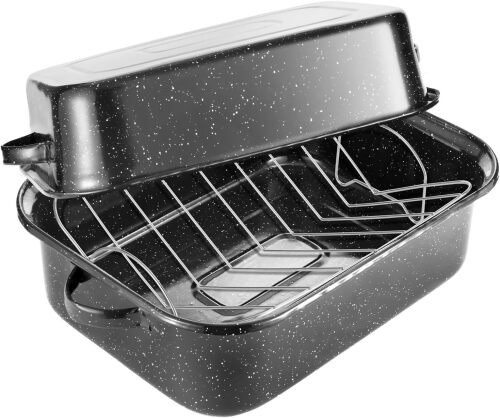Roasting Pan with Rack, 21” Rectangular Granite Roaster Pan, 25lb Capacity, Large Roaster Pot for Baking Turkey with Versatile Lid - Lot 3324