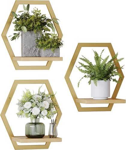 3 Packs Wall Plant Stands Indoor, 9inch Metal Wall Mounted Shelf with Soild Wood Display Ledge, Modern Decorative Floating Shelves 25 LB Load for Plants, Bedroom Living Room Bathroom Decor(golden) - Lot 3269