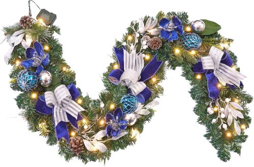 Pre-Lit Christmas Garland for Front Door with 20 LED Lights,6 ft Silver Blue Lighted Christmas Garland for Mantel Fireplace Window Stairs Holiday Decoration with Timer,Magnolia Winter Decor - Lot 3274