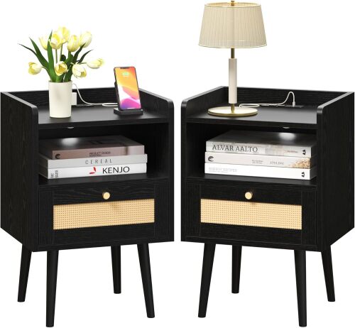 Night Stand Set of 2, Bedside Tables with Charging Station, Rattan End Tables, Bed Side Table, Wood Nightstands Set of 2 for Small Space Bedroom Black - Lot 3284