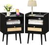 Night Stand Set of 2, Bedside Tables with Charging Station, Rattan End Tables, Bed Side Table, Wood Nightstands Set of 2 for Small Space Bedroom Black - Thumbnail 1