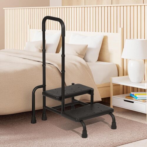 Step Stool with Handle, Heavy Duty 2 Step Stool for Elderly with Adjustable Handrail and Non-Skid Platform, Bed Steps for High Beds for Adults, Seniors, Handicap, Hold up to 400LBS - Lot 3398