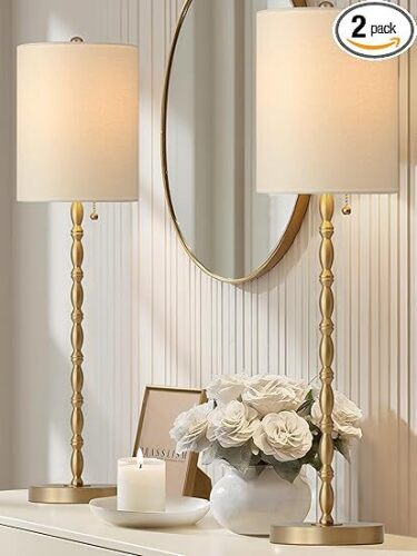 Buffet Lamps Set of 2, 28.5" Tall Brass Finish Lamps for Entryway, Hallway, Console Table, Dining Sideboard or Living Room, UL Certified with Pull Chain, Linen Shade, Urban Luxury Style - Lot 3348