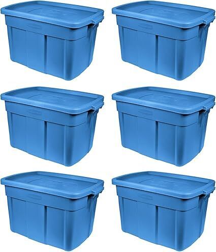 Rubbermaid Roughneck Tote 18 Gal, 6 Pack, Made in USA, Heritage Blue, Rugged Plastic Stackable Storage Bins with Lids and Handles - Lot 3415