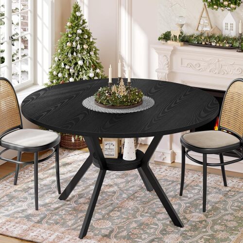 Black Dining Table for 2-4, 42 Inch Round Kitchen Table with Storage, Wooden Circle Dinner Table with Metal Legs, Rustic Mid Century Modern Dining Room Tables for Kitchen, Living Room, Dining Room - Lot 3425