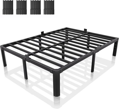 14 Inch Metal Bed Frame Queen Size, Heavy Duty Balck Platform Queen Size Bed Frame with Round Corner Legs, Mattress Slide Stopper, No Box Spring Needed, Easy Assembly - Lot 3475