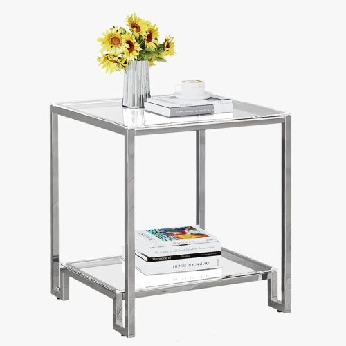 2 Tier Square End Table Side Table with Tempered Glass Top and Silver Stainless Steel Frame Modern Night Stand for Small Spaces Side Table with Storage for Living Room Bedroom - Lot 3451