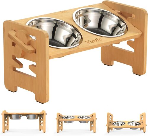 Vantic Elevated Dog Bowls, Adjustable Raised Dog Bowl Stand for Small Puppy and Cats, Sturdy Bamboo Pet Food Feeder with 2 Stainless Steel Dishes, Natural - Lot 3466