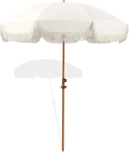 6.5ft Patio Umbrella with Fringe, Beach Umbrella, Fringe Umbrella Outdoor Patio with Hanging Hook, Tilting Aluminum Pole, UV 50+, Fiberglass Ribs, Elegant Cream - Lot 3505