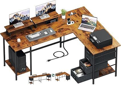 59 inch L Shaped Computer Desk with Power Outlets, Home Office Desk with 4 Adjustable Storage Drawers & 2 Monitor Stands, Two Person Gaming Table for Bedroom, Rustic Brown - Lot 3520