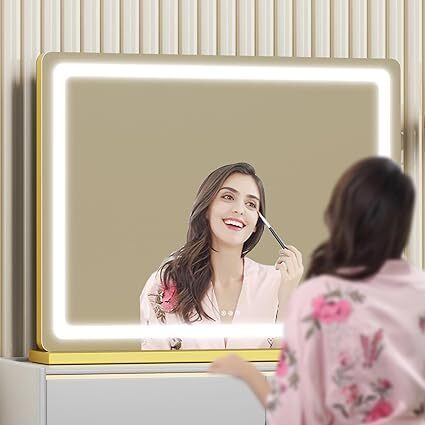 Makeup Vanity Mirror with USB Charging Port 19" L x 24" W LED Makeup Mirror, Desk Mirorr with Lights, Light up Mirror with 10X Magnification and, Dimmable 3 Modes, Touch Control Gold - Lot 3555