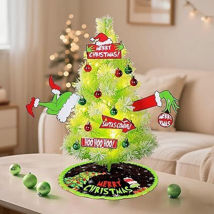 Christmas Tree 24 in / 2 FT, Snow Flocked Pine Tree with Ornaments, Tree Skirt & Card Decor, Mini Xmas Tabletop Tree for Indoor Christmas Decorations, Office, Fireplace - Lot 3575