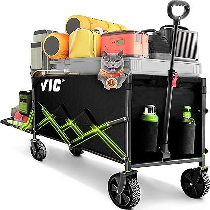 VIC Collapsible Folding Wagon Extra Long Extender Wagon Cart,Beach Wagons Cart Heavy Duty Foldable, Utility Grocery Car with Side Pocket for Camping Garden Sports - Lot 3585