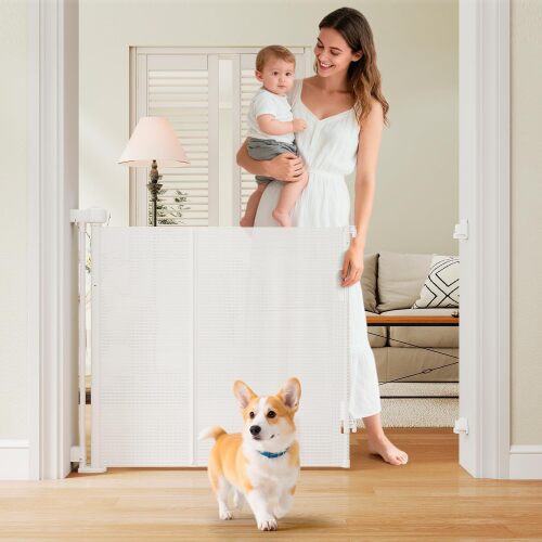 One-Hand Operation Retractable Baby Gates, 59 inch Retractable Gate with Reinforced Strip Design to Prevent Crawling Through, 5 FT Retractable Dog Gate for Stairs, Doorways, Hallways - Lot 3512