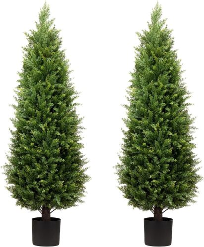 4ft Artificial Cedar Trees Artificial Topiary Trees Set of 2 Faux Cypress Plants UV Resistant Potted Bushes Faux Shrubs for Outdoor Indoor Front Porch Garden - Lot 3457