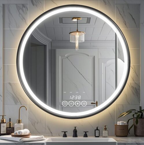 24 Inch Wall-Mounted Round Bathroom Mirror with LED-Lights - Frame Vanity Mirrors - Lot 3403