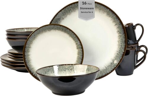 Sango 16-Piece Stoneware Dinnerware Set for 4, Glossy White & Green Mugs, Plates and Bowls Sets- Reactive Glaze, Ceramic Dish Set, Dishes for Everyday Use, Microwave & Dishwasher Safe, Novelle Moss - Lot 3423