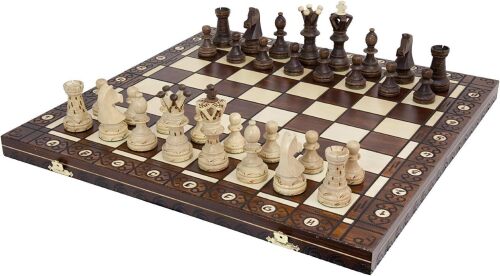 Wegiel Handmade European Ambassador Chess Set - Wooden 21 Inch Beech & Birch Board with Felt Base - Carved Hornbeam & Sycamore Wood Chess Pieces - Lot 3433
