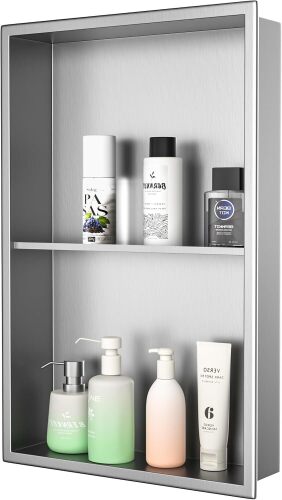 Stainless Steel Shower Niche 14"×24" Brushed No Tiled Needed Niche Shower for Bathroom Wall Recessed Shower Shelf for Storage - Lot 3458