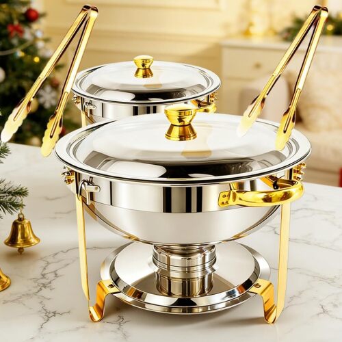 ALSO GO 2 Pack Round Chafing Dishes for Buffet 6QT, Gold Chafing Dishes with 2 Serving Tongs Complete Set, Stainless Steel Buffet Food Warmer for Parties, Catering, Wedding, Christmas - Lot 3488