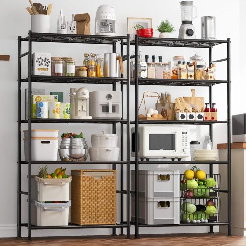 Storage Shelves - Set of 2, 5-Tier Metal Shelf Organizer, Space-Saving Garage Shelving with Leveling Feet, Standing Shelves Organizer for Kitchen, Laundry, Pantry - Lot 3493