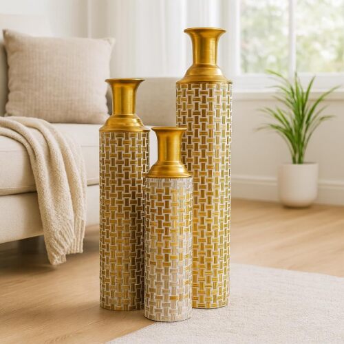 Leewadee Set of 3 Large Floor Vases – Decorative Tall Metal Vases in Gold White (30/24/20 inches) – Elegant Home Decor for Stylish Interiors - Lot 3498
