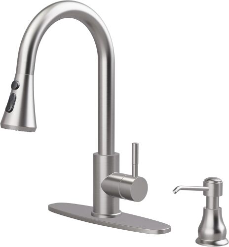 VXV Kitchen Faucet with Soap Dispenser, 3 Modes Kitchen Faucet with Pull Down Sprayer, Stainless Steel Sink Faucet for Farmhouse, Bar, and RV, with Deck Plate and 1/2'' Adapters - Lot 3419