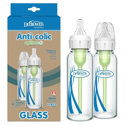 Dr. Brown's Anti-Colic Options+ Narrow Glass Baby Bottle with Level 1 Slow Flow Nipple, BPA-Free, 8 oz/250 mL, 2-Pack - Lot 3506