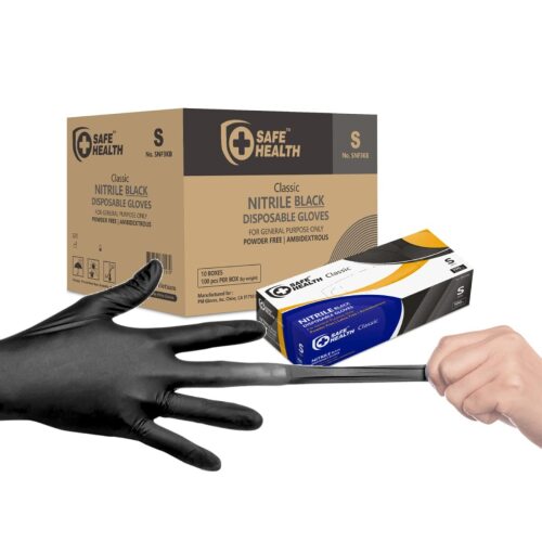 Safe Health Nitrile Black Disposable Gloves, Latex Free, Powder Free, Case of 1000, Small, Textured, 3.5 mil, Industrial, Tattoo, Salon, Hair, Auto, Car, Cleaning, Food, Cooking - Lot 3516