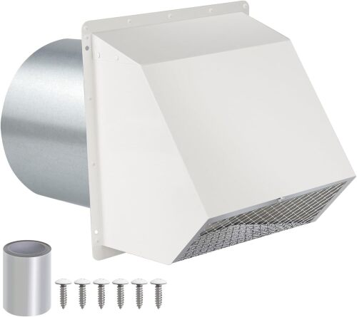 10" Hooded Wall Vent with Screen and Damper,Outdoor Wall Mount Exhaust Vent Cover Cap Dry Vent Hood Air Ventilation for Kitchen Range Hood HVAC Duct House and Industrial Facilities, White - Lot 3531
