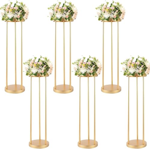 6 Pcs Gold Metal Flower Vase Bulk Gold Wedding Centerpieces for Tables 31.5 Inch Tall Metal Flower Stand Decorations Column Stand Road Lead Centerpiece for Wedding Decorations Reception - Lot 3541