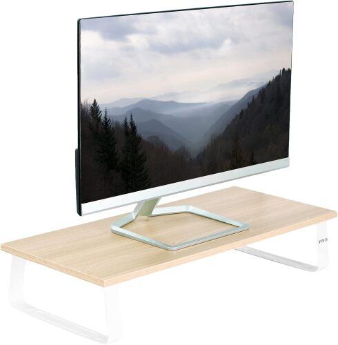 VIVO 24 inch Monitor Stand, Wood and Steel Desktop Riser, Screen, Keyboard, Laptop, Small TV, Ergonomic Desk and Tabletop Organizer, Light Wood - Lot 3546