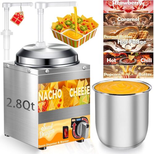 Nacho Cheese Dispenser with Pump, 2.8 Qt Nacho Cheese Warmer, Stainless Steel Hot Fudge Cheese Melter Warmer W/6-Level Temperature Adjustment, Commercial Sauce Dispenser for Butter Syrup Caramel - Lot 3581