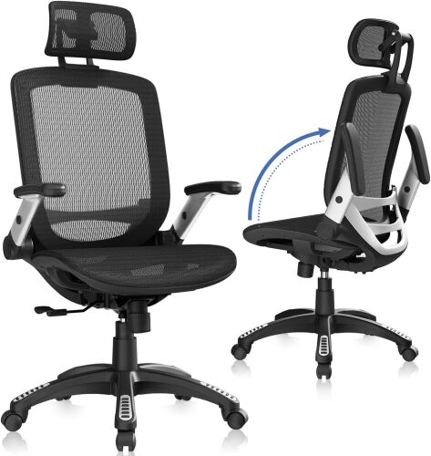 GABRYLLY Ergonomic Office Chair, High Back Home Desk Chair with Headrest, Flip-Up Arms, 90-120° Tilt Lock and Wide Cushion, Big and Tall Mesh Chairs for Man Woman, Black Task Chair - Lot 3586
