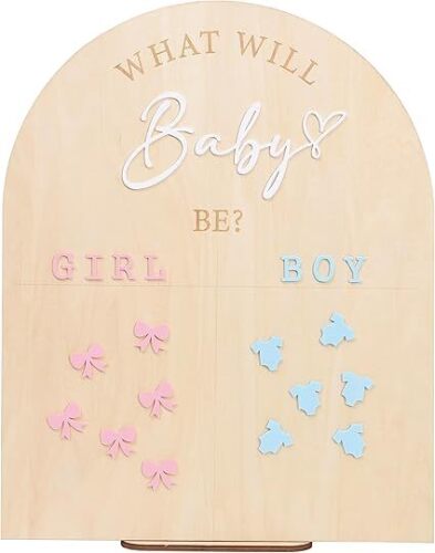 What Will Baby Be Wooden Board - Gender Reveal Voting Display Board,Girl or Boy Guessing Game Sign,Standing Gender Guessing Voting Card,Pink Bow or Blue Bodysuit Choice Sign (What Will Baby Be) - Lot 3543