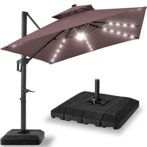 2-Tier Square LED Cantilever Offset Umbrella w/ 360 Rotation, Base - 10x10ft - Lot 3558