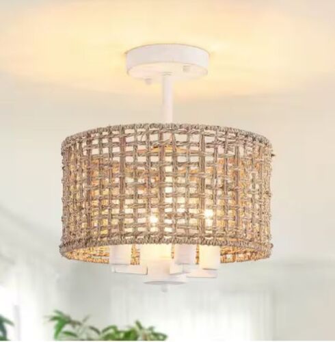 LWYTJO Annecy 11.81 in. 4-Light Distressed White Farmhouse Semi-Flush Mount With Hand Woven Drum Shade and No Bulbs Included - Lot 640JF