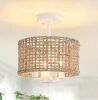 LWYTJO Annecy 11.81 in. 4-Light Distressed White Farmhouse Semi-Flush Mount With Hand Woven Drum Shade and No Bulbs Included - Thumbnail 1