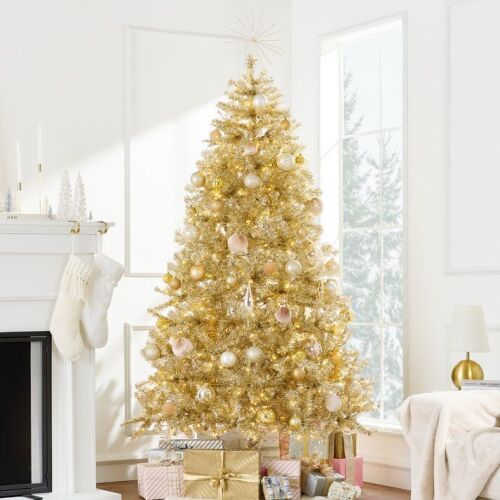 6' Prelit Gold Artificial Tinsel Christmas Tree w/ Foldable Stand - Lot 765