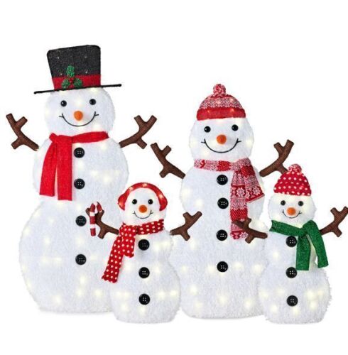 2D Lighted Snowman Family Set Outdoor Yard Decor w/ Twinkling LED Lights - Lot 614