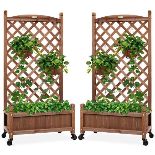 Set of 2 Wood Planter Box & Lattice Trellis w/ Optional Wheels - 48in - Lot 299