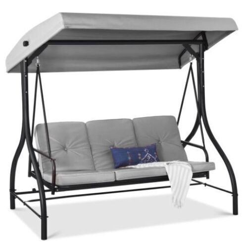 3-Seat Outdoor Canopy Swing Glider Furniture w/ Converting Flatbed Backrest - Lot 55