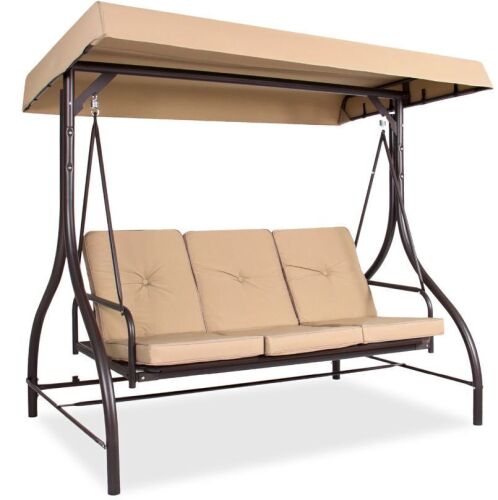 3-Seat Outdoor Canopy Swing Glider Furniture w/ Converting Flatbed Backrest - Lot 58