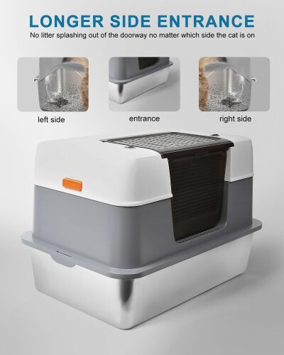Stainless Steel Cat Litter Box Enclosed with Lid，Covered Metal Kitty Litter Box - Lot 3509