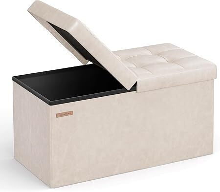 HAUSFRAU - 30 Inches Storage Ottoman Bench with Flipping Lid, Foldable Storage Chest Foot Rest for Living Room, Bedroom, Entryway, Load 660 lb, Synthetic Leather, Ivory - Lot 3529