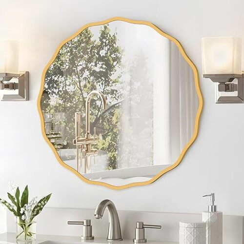 Round Mirror for Wall Decorative 20 inch Modern Gold Wavy Mirror Whit Wood Frame Circle Wall Mirror for Bathroom Bedroom Living Room Home House Office Entryway - Lot 3601